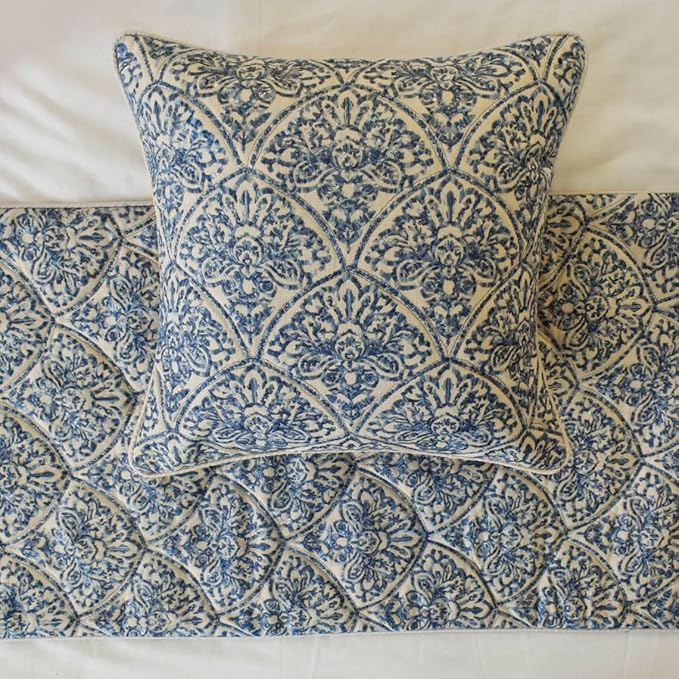 The HomeCentric King/Queen/Twin Blue Decorative CA King 86"x18" Bed Runner with 2 Pillow Cover, Embroidery, Quilted Bed Scarf on Cotton Fabric - Farzeen Blue