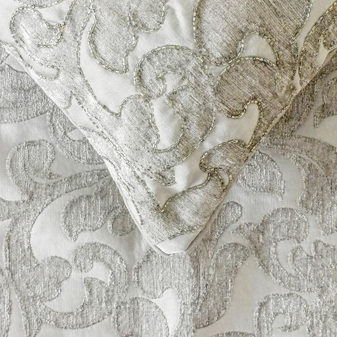 The HomeCentric King/Queen/Twin Silver Decorative Full 68"x18" Bed Runner Without Pillow Cover, Abstract, Floral, Bead Hand Embroidery Bed Scarf on Jacquard Fabric - Ethereal Silver