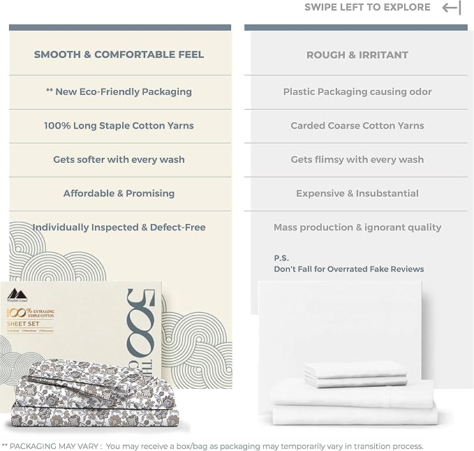 Mayfair Linen 100% Cotton Printed Bed Sheets Twin Size Set - 500 Thread Count Cotton Twin XL Sheets for Dorm Room, 3 PC Set (Floral Ivory), Soft, Cooling, Sateen Weave 16" Deep Pocket Bedsheet