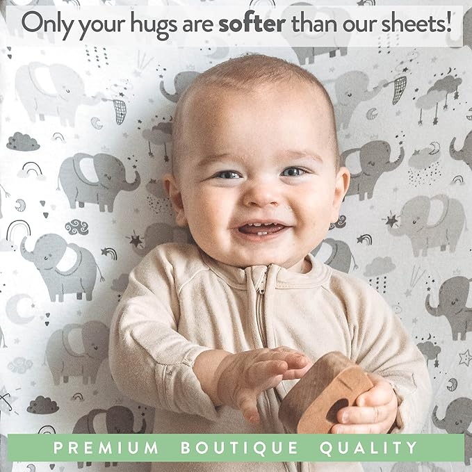 Bassinet Fitted Sheets for Baby Beside Dreamer Bassinet & Bedside Sleeper – Snuggly Soft 100% Jersey Cotton – 2 Pack – Grey Elephants, Cloud, Stars, Moon, Owl