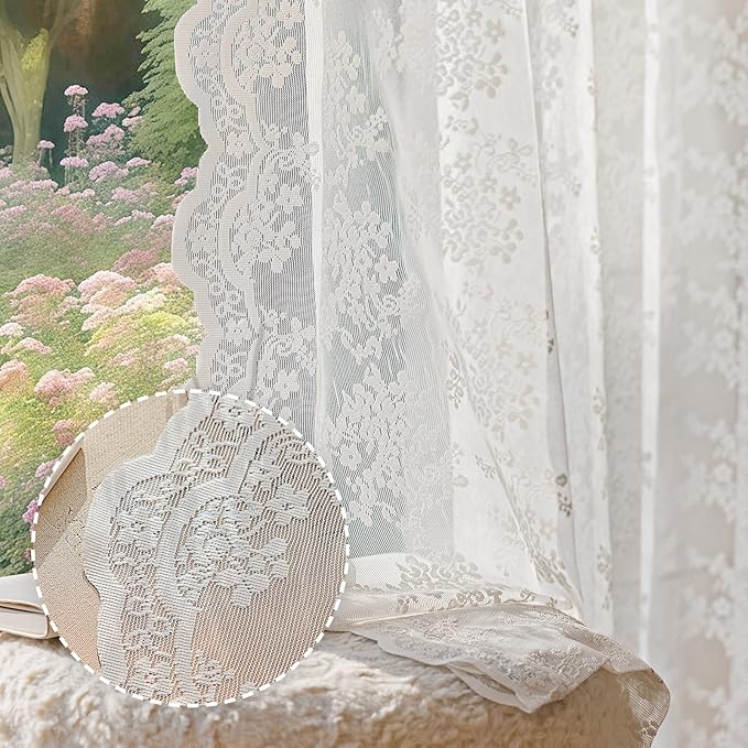 Anmao Vintage White Lace Curtains 80 Inches Long 2 Panels Set, Romantic Elegant Light Filtering Semi Sheer Floral Thick Lacy Curtain Drapes for Living Room and Bedroom, Each Panel 55W x 80L, Off White