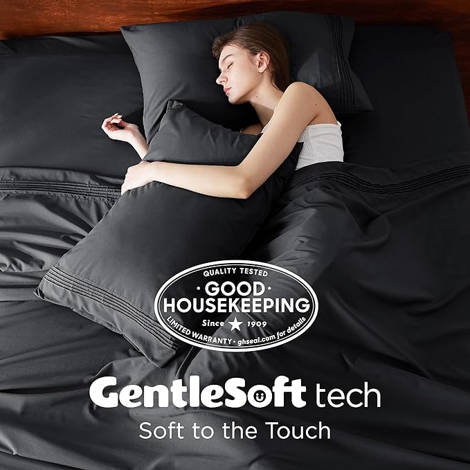 Bedsure Deep Pocket Twin Sheets Set - Fits Mattresses Up to 21 Inches Thick -3 Piece GentleSoft Bed Sheets, Moisture Wicking, Soft & Cooling Bedsheet & Pillowcases, Easy & Secure Fit, Black