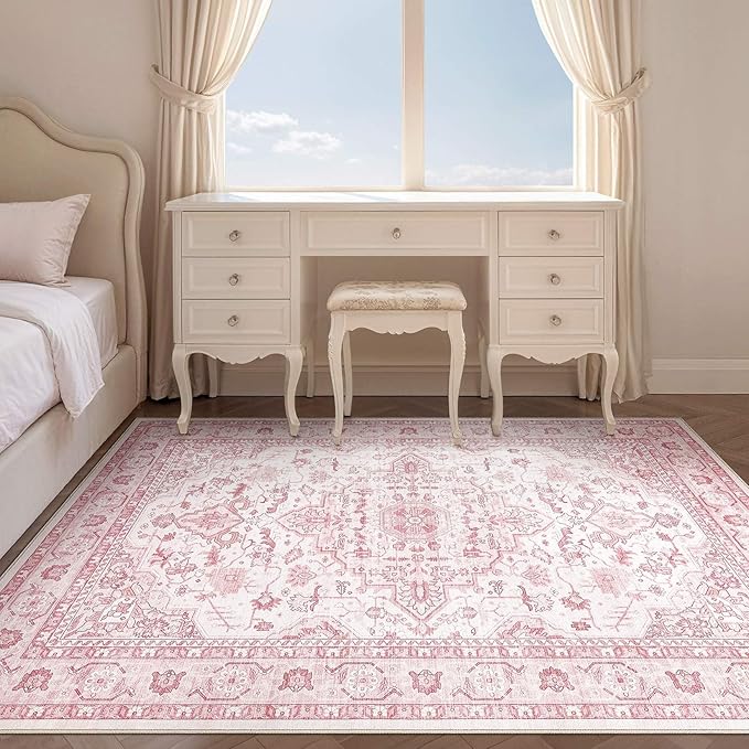 Pink Rugs for Bedroom Girls: 8x10 Washable Boho Large Neutral Cute Soft Area Rug Stain Resistant Floral Farmhouse Non Slip Indoor Floor Carpet for Living Room Nursery Kids Playroom Preppy Room Dorm