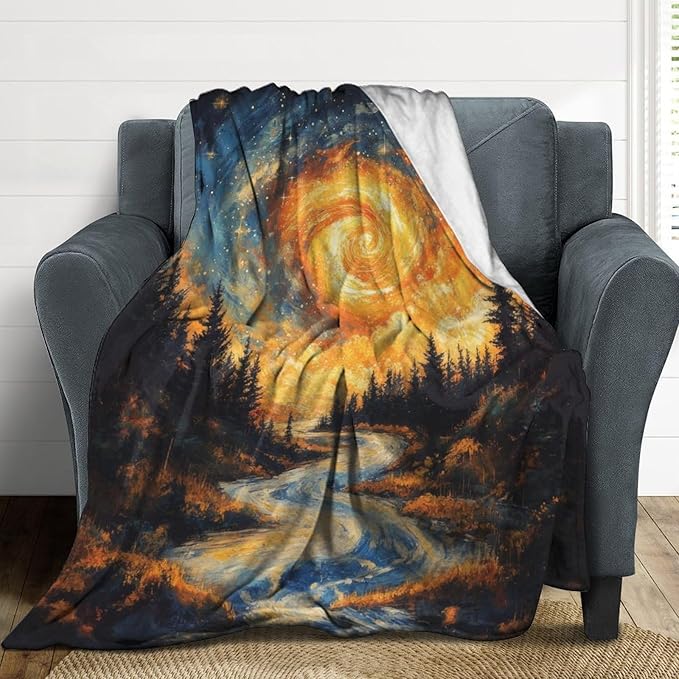 Magic Forest Blanket, Abstract Art Oil Painting Dreamworld River Jungle Sunset Pattern Soft Warm Cozy Plush Flannel Covers for Livingroom Bedroom Couch Chair Camping Travel Home Decor Tapestry 30x40in