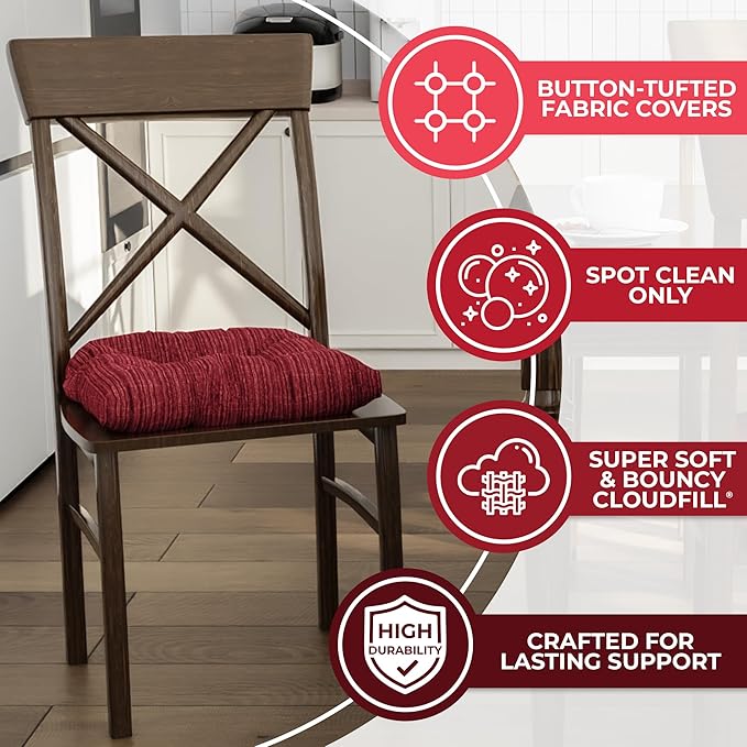 Klear Vu Gripper Overstuffed Universal Non-Slip Dining Chair Cushions for Kitchen Decor or Office Use, U-Shaped Skid-Proof Seat Pad, 17x17 Inches, 2 Count (Pack of 1), Chenille Garnet Red