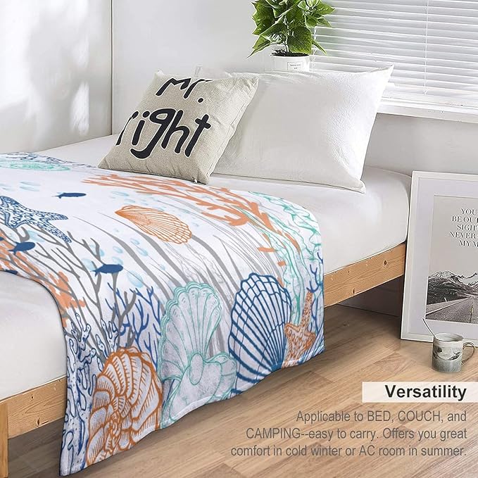Nautical Coastal Blanket, Starfish Seashell Coral Beach Themed Drapes Ocean Orange Blue Teal Conch Print Throw Blankets for Sofa Couch Bed Room Birthday Decor, 30"x40"