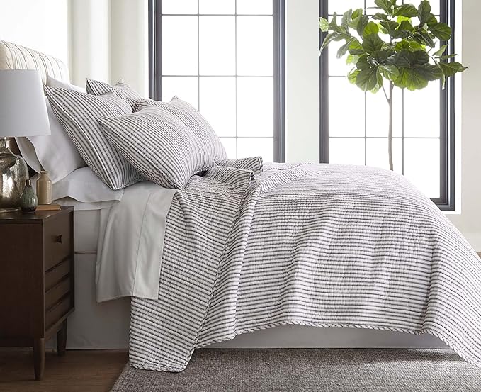 Levtex Home Tobago Stripe Charcoal Reversible Twin XL/Twin Quilt Set (68x86in) with 1 Pillow Sham (26x20in) - Striped - Charcoal - Cotton Twin Size Quilt Bedding Set - Lightweight Soft Pre-Washed