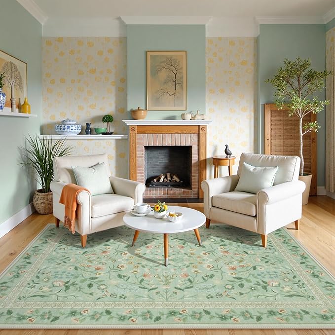 Lahome Floral 5x7 Washable Rug, Non Slip Soft Rug for Kids Room Nursery Ultra-Thin Green Carpet Bedroom, Vintage Botanical Print Carpet for Playroom Classroom Living Room Kitchen, Sage