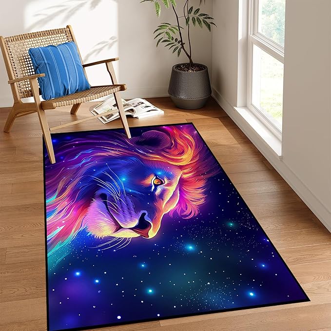 Galaxy Lion Rug 3D Fierce Lions Area Rugs for Kids Bedroom Living Room Playroom Gameroom Boys Glitter Carpet Throw Rugs Floor Mat 59 in x 39 in