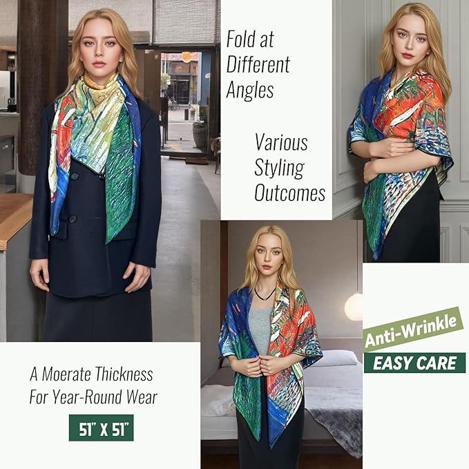 Artist Oil Painting Wraps 51"x51" Cashmere-Soft Art Pashmina Luxury Rolled Hem Women Large Travel Blanket Shawl