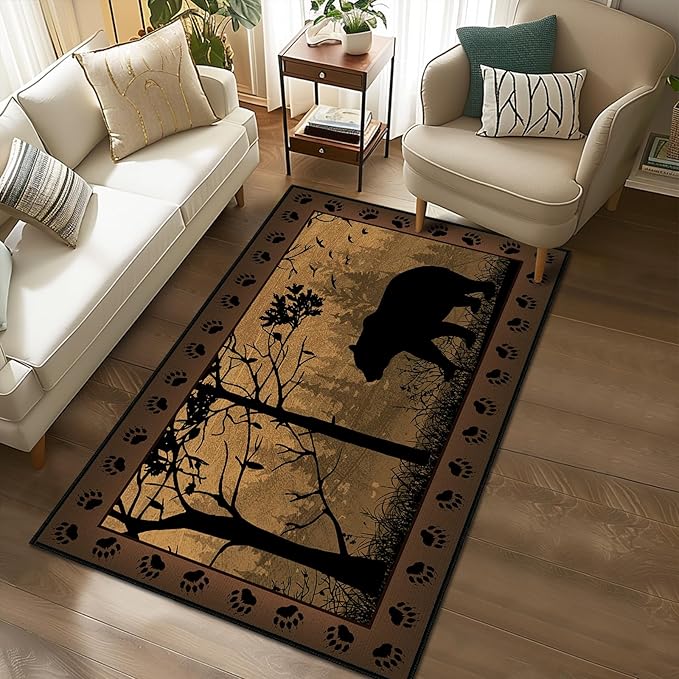 Rustic Area Rug 3x5,Bear Country Cabin Wildlife,Ultra-Thin Washable Throw Carpet Brown Rugs for Bedroom Indoor Vintage Rugs Non Slip Accent Floor Carpets for Bedside,Entryway,Living Room,Office