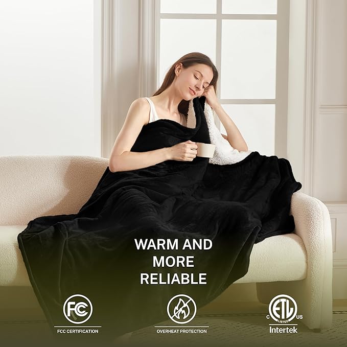Heat Blanket 50”x60” Throw,Soft Flannel & Sherpa Reversible Electric Blanket with 10 Heat Settings,12 Timer Setting and 3 Hours Auto-Shut Off,ETL Certified Machine Washable,Black