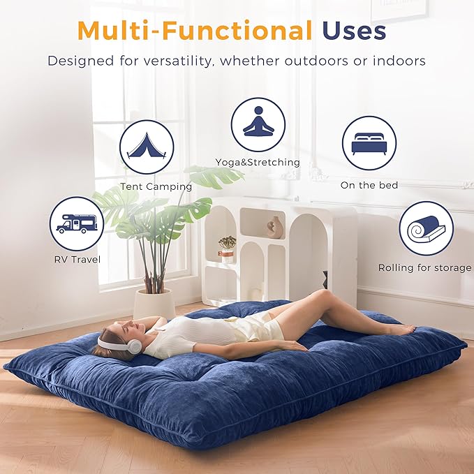 MAXYOYO Japanese Floor Mattress Queen Size, 6" Foldable Futon Mattress Tufted Roll Up Floor Bed, Thick Chenille Tatami Mat Sleeping Pad for Camping Guest Room Dormitory Bedroom RV, Navy