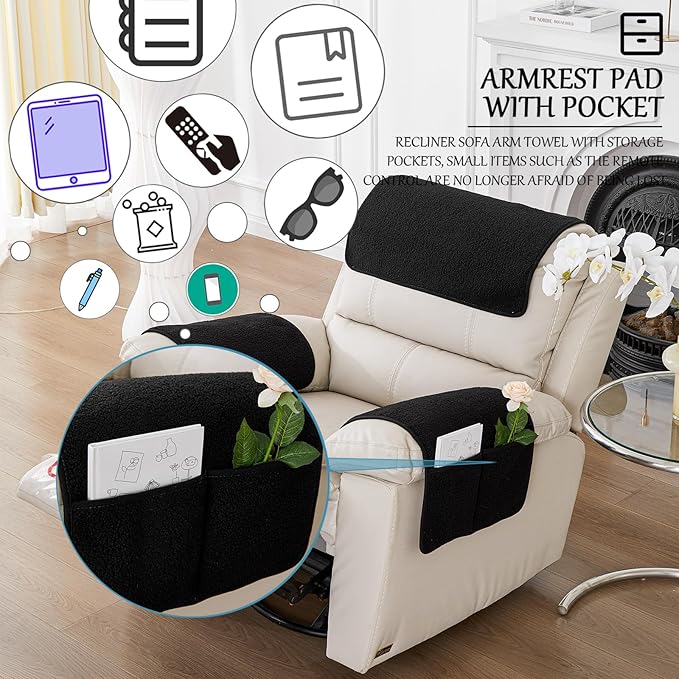 Armrest Cover, Recliner Chair Protector, Furniture Protector Slip, Side Storage Pocket, Stretch Armchair Couch Arm Rest Cover for Recliner, Chair, Sofa (Black,3 Seater(5pcs))