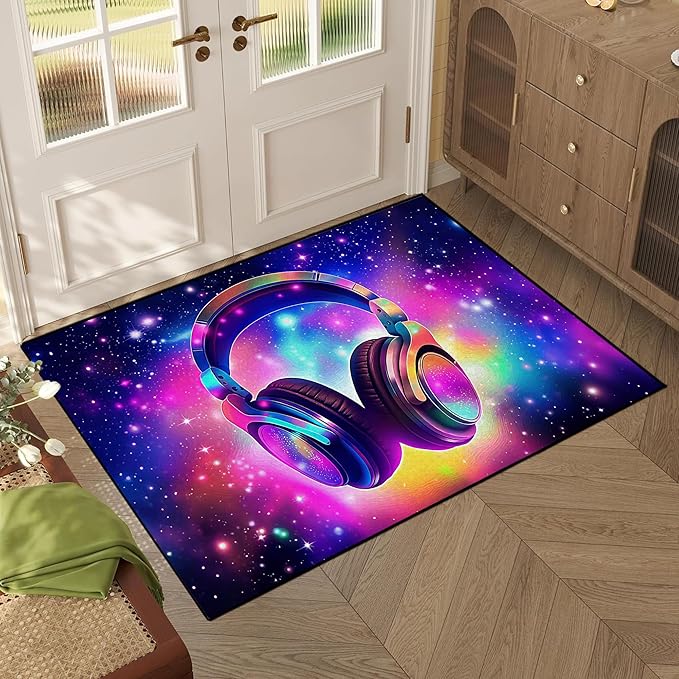 Galaxy Game Area Rug Music Headphone Rugs Colorful Throw Rug Non-Slip Carpet Doormats for Living Room Bedroom Apartment Dorm Floor Mat 47 in X 31 in