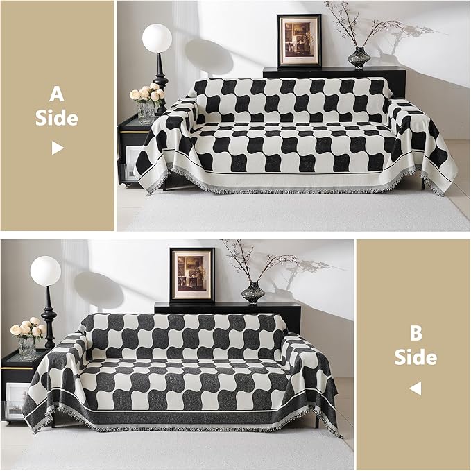 MEETSKY Couch Cover Sofa Cover Washable,Chenille Jacquard Sofa Covers for 2 Cushion Couch Sofa, Sofa Slipcover Loveseat Pet Couch Covers for Sectional Sofa, 71" x 118", Black Checkerboard