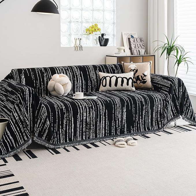 Chenille Couch Cover Pet Friendly, Sofa Cover Washable, Reversible Sofa Slipcover for Sectional Sofa, Loveseat, 2 or 3 Cushion Couch, Corner Sofa, Futon Cover (71" X 134", Black)