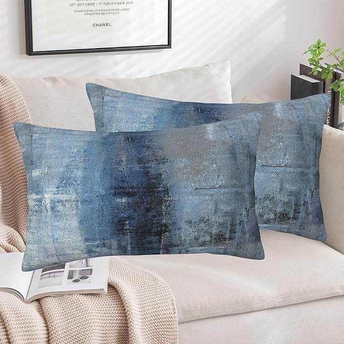 Throw Pillow Cover Case Blue and Grey Abstract Art Pillow Covers 20x12 Inch Set of 2,Soft Decorative Throw Pillow Case for Living Room Bedroom Sofa Couch Cushion Covers