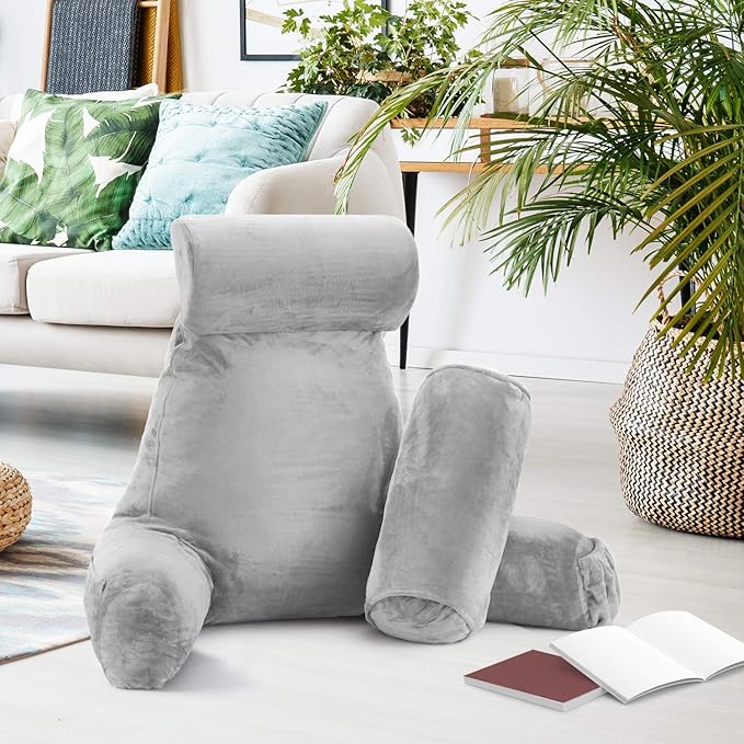 Nestl Reading Pillow with Shredded Memory Foam Includes 2 Neck and Lumber Support Pillows, Designed for Sitting Up in Bed and Couch, Back and Arms Adjustable Support for Adult & Teens, Light Grey