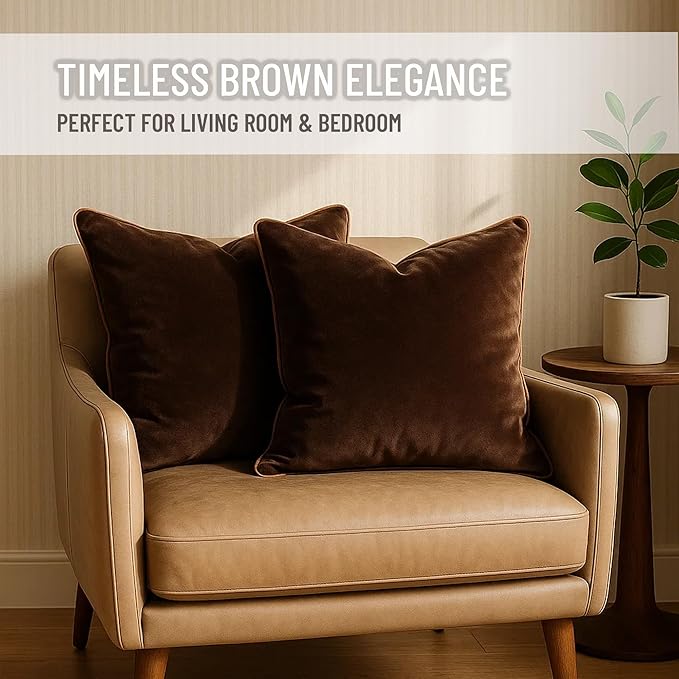 2 Pack Velvet Decorative Throw Pillow Covers, 12"x20", Brown and Camel, Solid, Modern, Contrast Piping, Indoor Use, Bedroom & Living Room