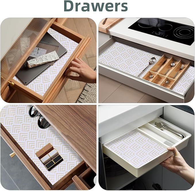 Shelf Liner for Kitchen Cabinets Non Adhesive Drawer Liner Non-Slip Thickened Shelf Liner Paper Strong Easy to Clean for Tool Box Refrigerator with Knife and Tape Measure, Gold Arrow, 11.8 x 118 in