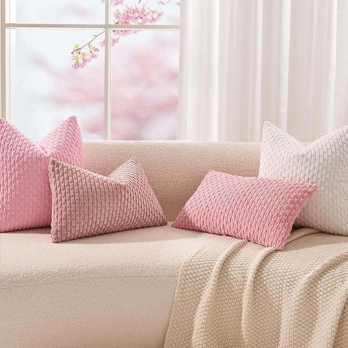 Kevin Textile Valentines Day 12x20 Inch Pillow Cover 1 Pack Boho Decorative Soft Striped Corduroy Lumbar Farmhouse Accent Rectangle Cushion Case for Living Room Couch Sofa Bed, Pink