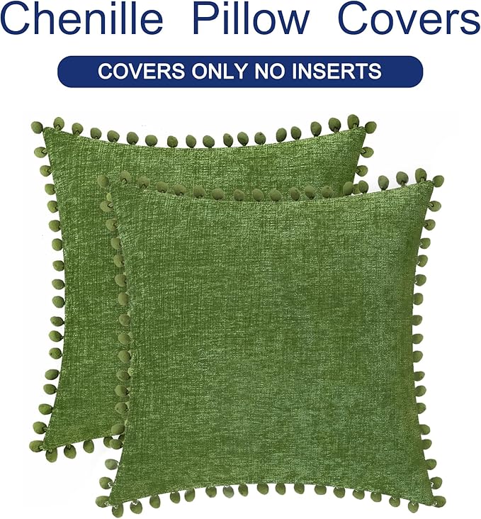 CaliTime Throw Pillow Covers Decorative 22 X 22 Inches Pack of 2 Cozy Solid Dyed Soft Chenille Cushion Cases with Pom Poms for Couch Sofa Bed Living Room Home Forest Green