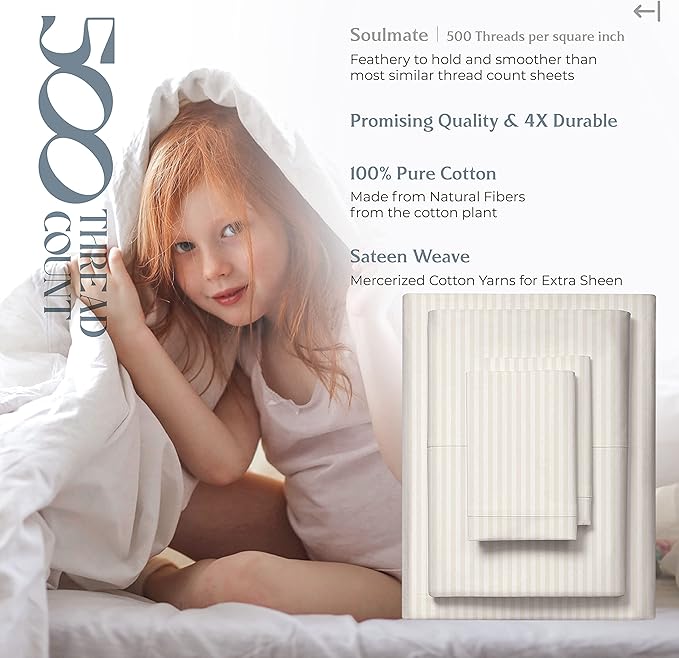 Mayfair Linen 100% Cotton Striped Sheets Twin Size Bed Set - 500 Thread Count Damask Sheets Twin Size 3 PC Set (Beige Stripe), Soft, Cooling, Sateen Hotel-Quality 16" Deep Pocket Cotton Bedsheet
