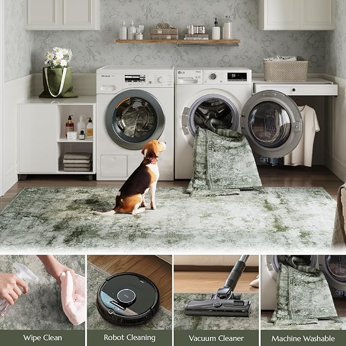 jinchan Washable Area Rug 8x10 for Living Room - Soft Faux Wool Ultra-Thin Stain Resistant Non-Slip Distressed Vintage Floral Large Christmas Carpet for Bedroom Home Office, Nursery(Green, 8'x10')
