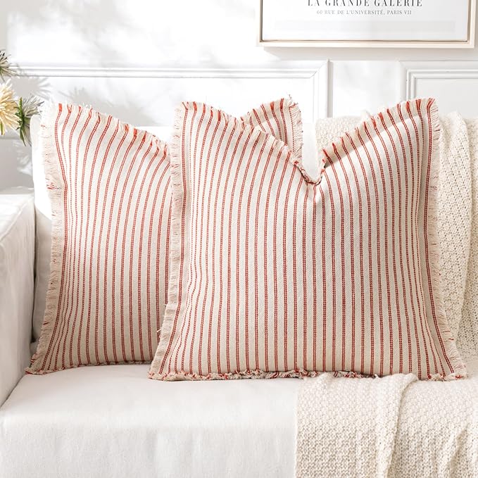 MIULEE Pack of 2 Christmas Red Pillow Covers 26x26 Inch Striped Farmhouse Couch Throw Pillow Covers with Fringe Chic Linen Decorative Cushion Eruo Sham for Sofa Living Room Bed Outdoor Home Decor