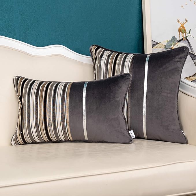 Yangest Grey Striped Patchwork Throw Pillow Cover Gold Leather Cushion Cover Zippered Pillowcase for Sofa Couch Bedroom Living Room Home Decoration,18x18 Inch