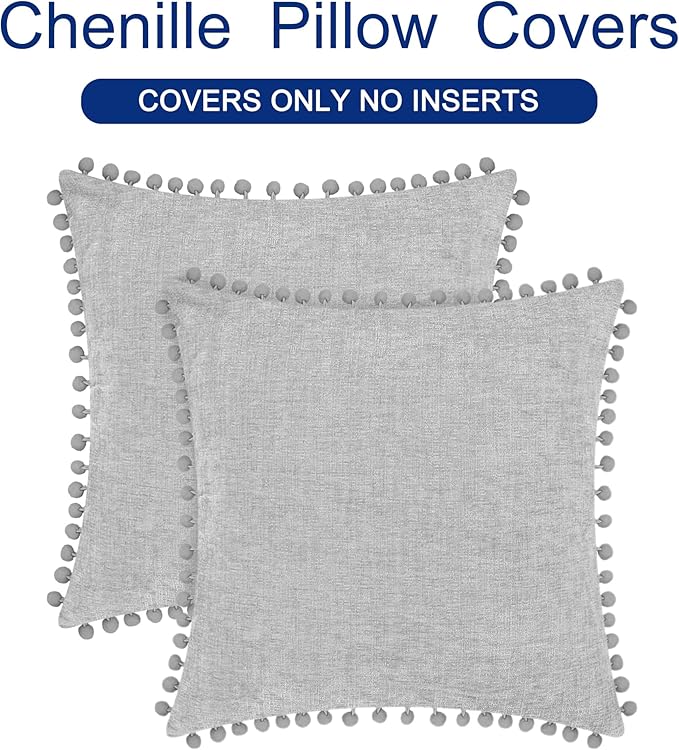 CaliTime Throw Pillow Covers Decorative 18 X 18 Inches Pack of 2 Cozy Solid Dyed Soft Chenille Cushion Cases with Pom Poms for Couch Sofa Bed Living Room Home Moonbeam Gray