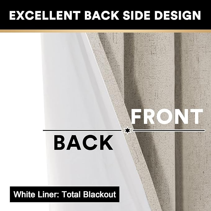 PrinceDeco Blackout Curtains 63 Inch Length Linen Texture Drapes for Bedroom Living Room Thermal Insulated with White Liner Grommet Room Darkening Curtains & Drapes (2 Panels, Cobblestone)