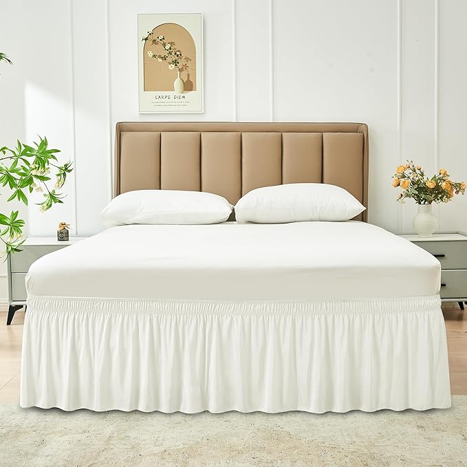 Biscaynebay Wrap Around Bed Skirts for Full & Full XL Beds 15" Drop, Ivory Adjustable Elastic Dust Ruffles Easy Fit Wrinkle & Fade Resistant Silky Luxurious Fabric Machine Washable