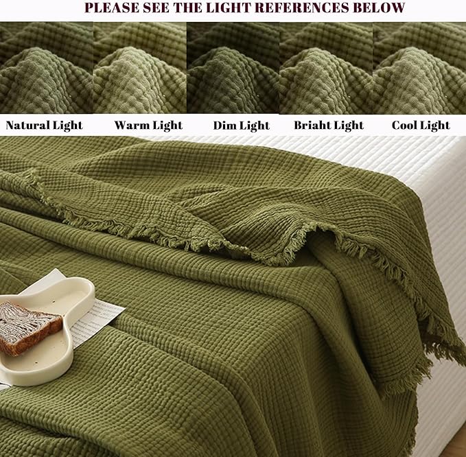 MorroMorn 100% Cotton Muslin Blanket with Fringes Twin Size 60"x80", 4-Layer Gauze Blankets for Adults, Boho Bedding Breathable Lightweight Ultra-Soft for Couch Bed All Seasons, Olive Green
