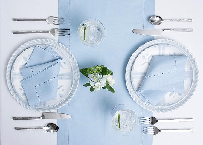 Solino Home Linen Sky Blue Table Runner 120 Inches Long - 100% Pure Linen Hemstitch 14 x 120 Inch Table Runner for Dining, Holiday, Christmas, New Year - Classic Hemstitch