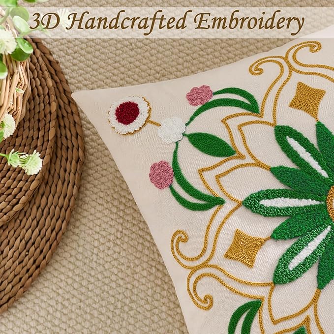 Embroidered Throw Pillow Cover 20x20 Classic Boho Floral Pattern Pillows Cover Outdoor Decorative Pillowcase,Durable Cozy Textured Cushion Case for Sofa Couch Bed Living Room,Green Yellow