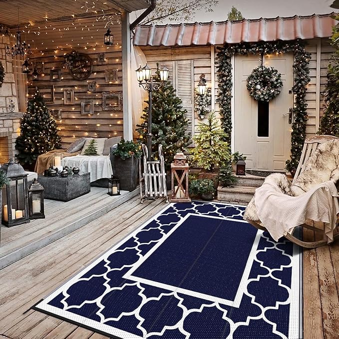GENIMO 5' x 8' Outdoor Rug Waterproof for Patio Decor, Foldable Reversible Plastic Straw Area Rugs Mat for Camper, Outside Carpet for Rv, Deck, Porch, Picnic, Beach, Balcony, Blue & White