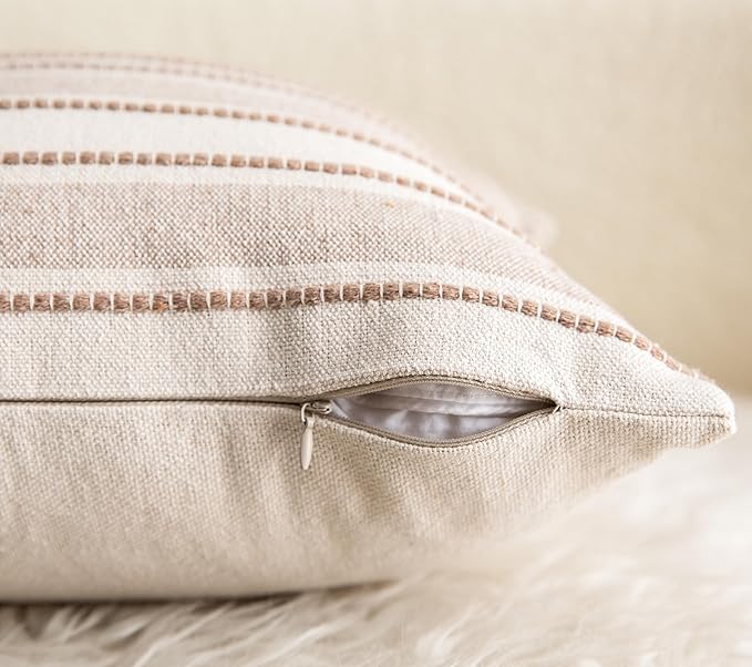 Decorative Boho Lumbar Throw Pillow Covers, Farmhouse Textured Pillow Case, 12 x 20 Inch Set of 2, Chair Sofa Bedroom Living Room Home Decor Couch Cushion Case, Tapue and Beige