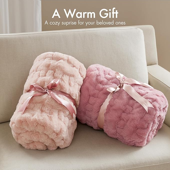 Madison Park Ruched Luxury Throw Premium Soft Cozy Brushed Long Faux Fur for Bed, Couch or Sofa, 50"x60", Pink