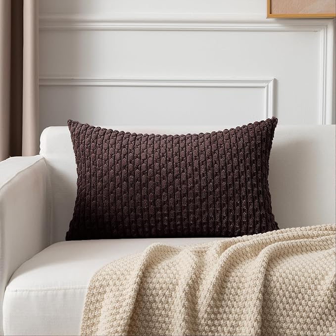Kevin Textile 14x24 Inch Pillow Cover 1 Pack Boho Decorative Soft Striped Corduroy Lumbar Farmhouse Accent Rectangle Cushion Case for Living Room Couch Sofa Bed, Coffee