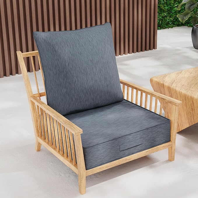 Outdoor Olefin Water-Resistant Deep Seat Cushion Set, 23''x 26''x 6'' Weather and Fade Resistant Patio Furniture Seat Cushion, Thickened Sofa Chair Pad with Straps for Lawn, Garden, Light Gray