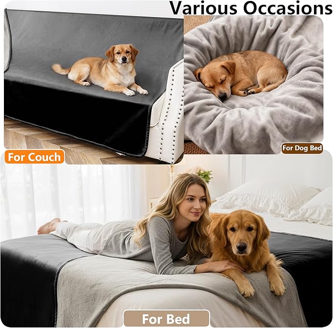 Waterproof Blanket for Bed, Leak Proof Dog Couch Blankets Reversible, Pet Throw Sofa Furniture Protector Machine Washable-82 x120,Black+Lightgrey