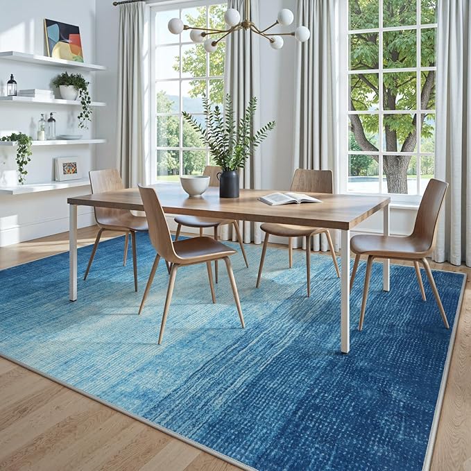Wonnitar Modern Ombre Washable Area Rug, Blue 9x12 Large Living Room Rug, Non-Slip Soft Dining Room Rug for Under Table, Ultra-Thin Gradient Accent Carpet for Bedroom Mud Room (Blue, 9'x12')