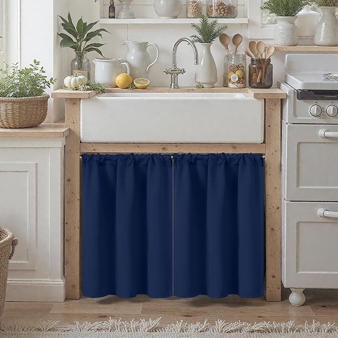BGment Blackout Kitchen Curtains for Over Sink 30 Inch Length - Short Half Drapes with Rod Pocket Privacy for Bathroom Cafe Window, Navy Blue, 2 Panels, 29 x 30 Inch