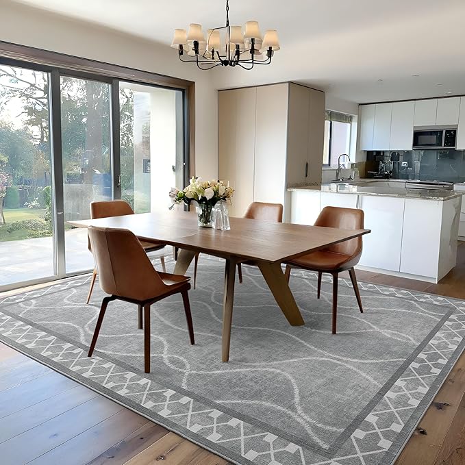 Area Rugs 6x9 Washable Rug, Non-Slip Rugs for Living Room, Low Pile Bordered Rugs Alfombras, Large Print Rubber Backing Indoor Carpet for Home Decor Bedroom Nursery Dining Room, Light Grey
