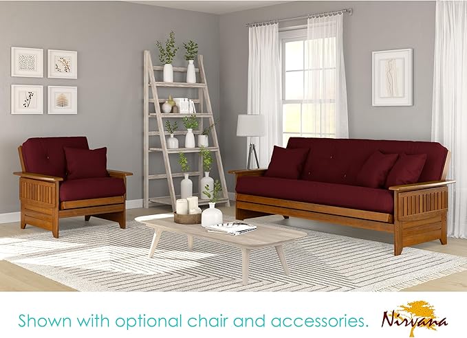 Nirvana Futons Brentwood Tray Arm Futon Sofabed Set - Queen Frame, 8" Burgundy Mattress, Rich Heritage Finish