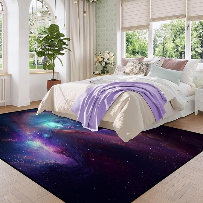 6' x 9' Galaxy Area Rug Bedroom Living Room for Girls Kids Boys Large Carpet Nebula Vortex Throw Rugs Purple Blue Cloud Floor Mat,180 X 275cm,Purple