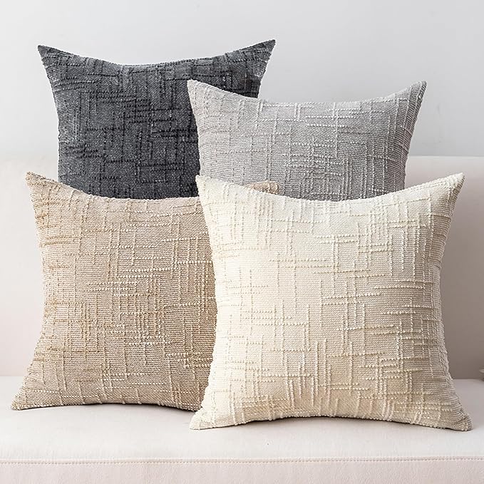 Decorative Throw Pillow Covers 18x18 Inch Set of 4, Soft Solid Farmhouse Chenille Couch Pillows, Spring Pillow Covers for Couch Sofa Bed Living Room Home Decor Pillowcase, Light Colors