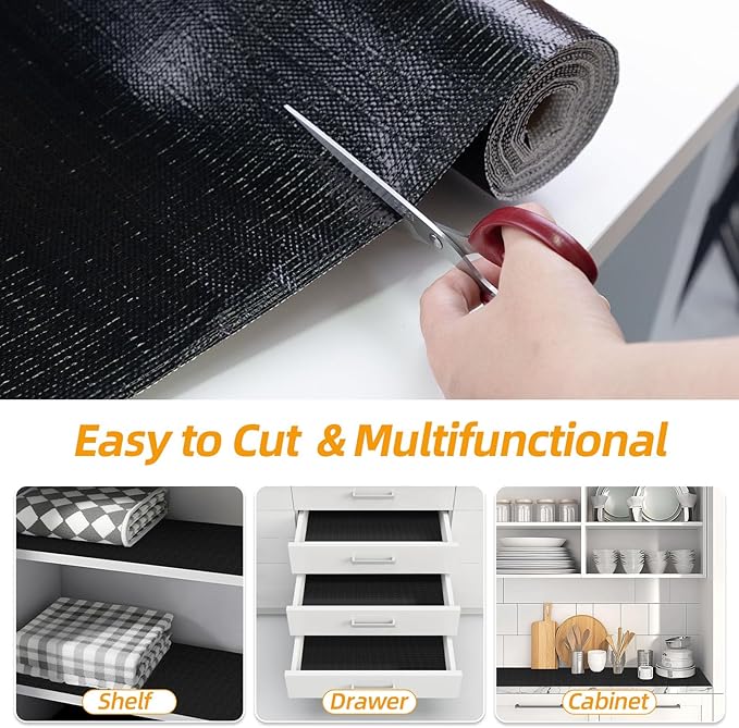 Shelf and Drawer Liner for Kitchen Cabinets Non-Adhesive, Strong Grip Non-Slip Thickened Cabinet Liners for Shelves, Waterproof Mats for Dresser Cupboard, Black, 12 in x 30 Feet